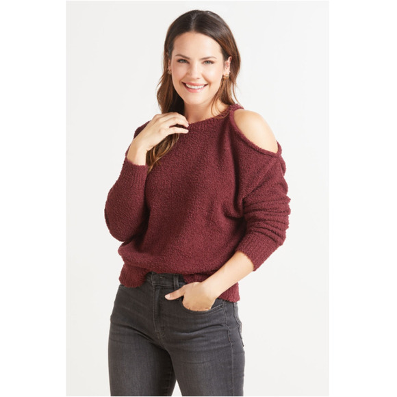 JAMISON NEW Evereve Maroon Chenille Open Shoulder Sweater Pullover // S - Picture 1 of 12